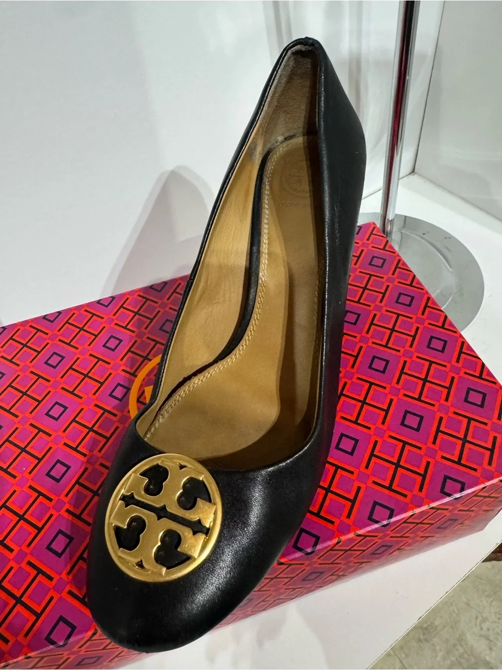 Tory Burch Black Leather Wedge with Gold Logo